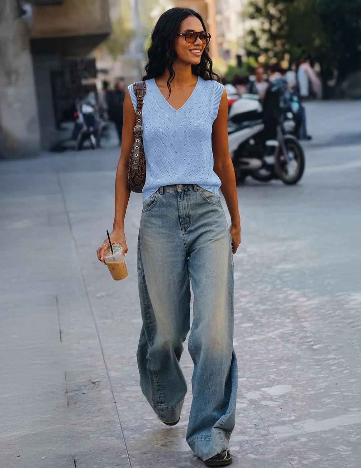 image:imageWomens Summer Sleeveless Eyelet Tank Top V Neck Lightweight Sweater Vest 2026 Knitted Business Casual Stretchable Ribbed Relaxed Breathable Dressy Blouse Shirts Layering Fall Outfit ClothesLightblue