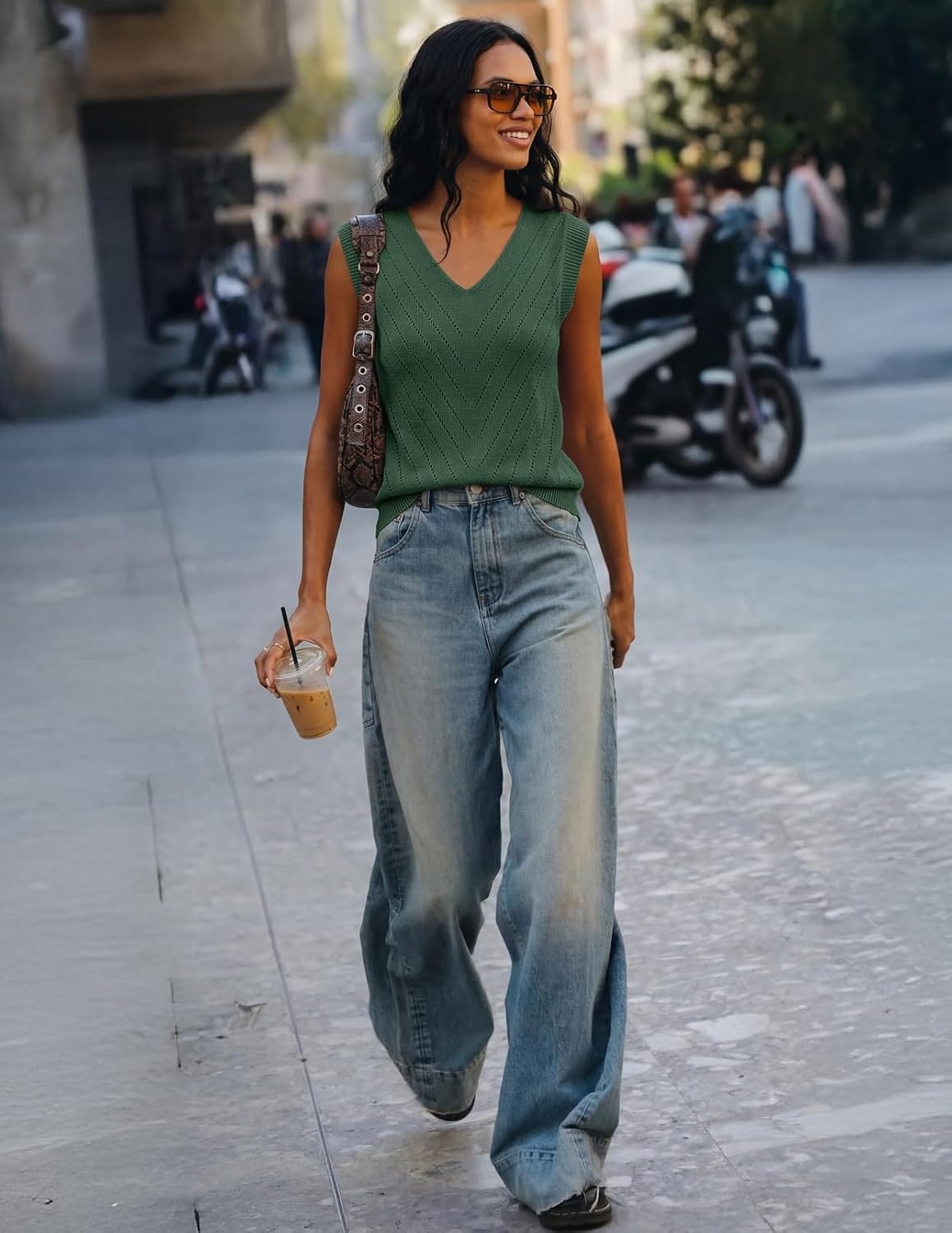 image:imageWomens Summer Sleeveless Eyelet Tank Top V Neck Lightweight Sweater Vest 2026 Knitted Business Casual Stretchable Ribbed Relaxed Breathable Dressy Blouse Shirts Layering Fall Outfit ClothesDustygreen