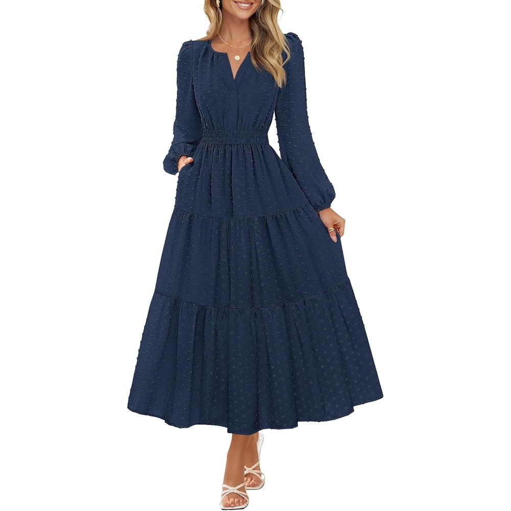 image:imageMEROKEETY Womens Fall Long Sleeve Swiss Dots Boho Maxi Dress Puff SleeveV Neck Wedding Guest Cocktail Long Dresses Double Layers Tiered Hem Elegant Classy Modern DressPocketsNavy
