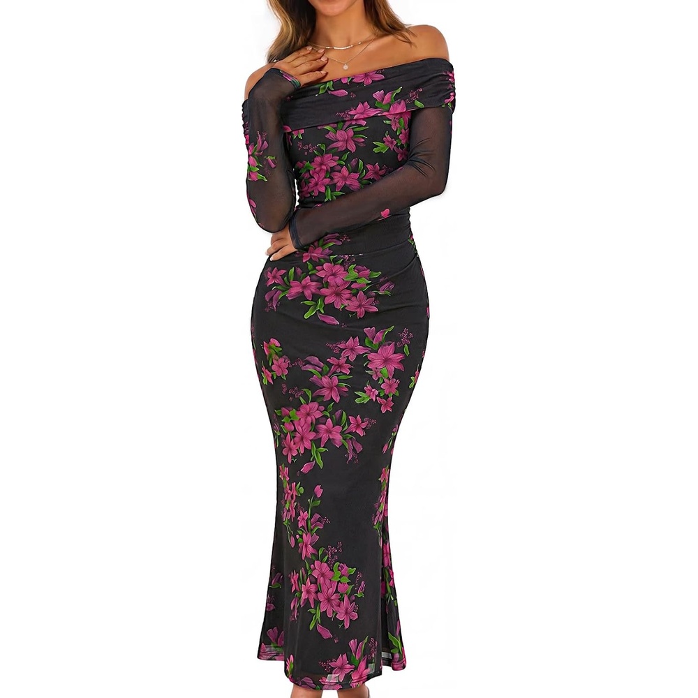 image:imageMEROKEETY Womens Fall Off Shoulder Floral Bodycon Wedding Guest Maxi Dress 2026 Long Sleeve Formal Cocktail Elegant Party Dinner Long Dress Date Night Bridal Shower Floral Mesh Prom DressesBlack