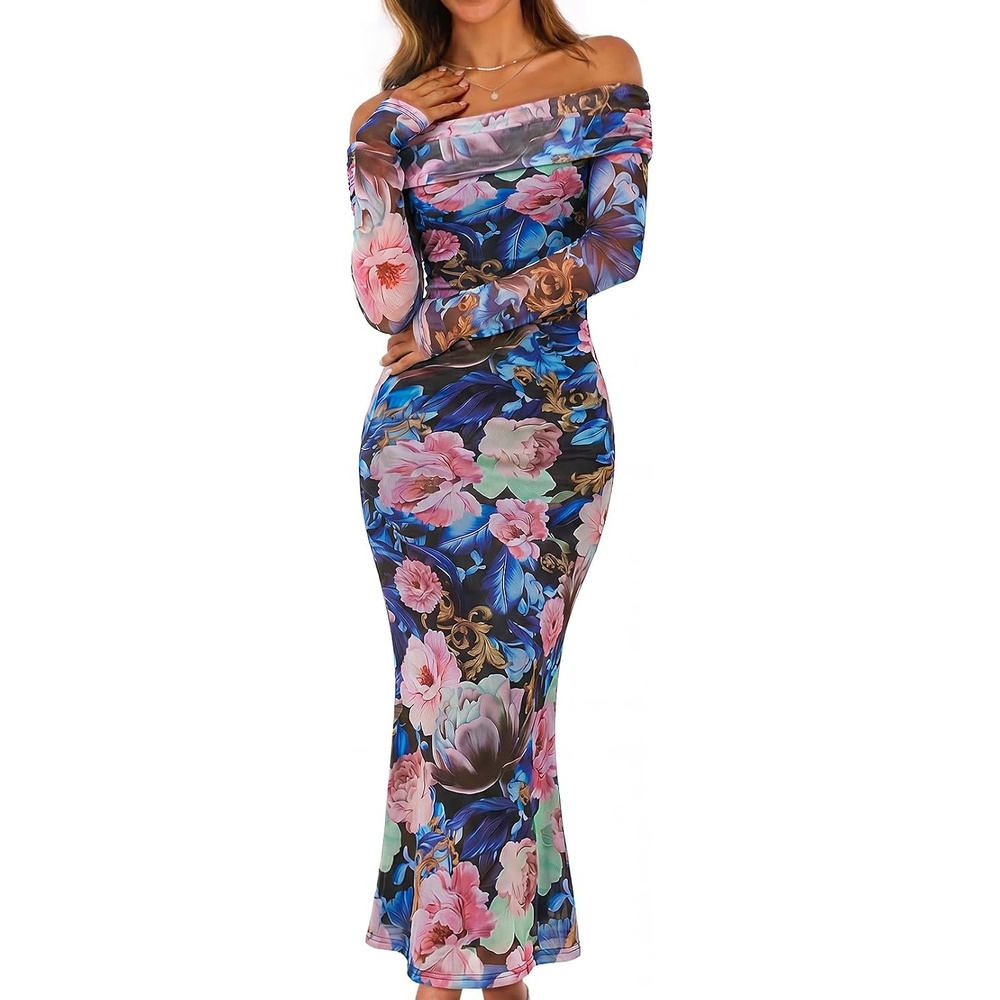 image:imageMEROKEETY Womens Fall Off Shoulder Floral Bodycon Wedding Guest Maxi Dress  2026 Long Sleeve Formal Cocktail Elegant Party Dinner Long Dress Date Night Bridal Shower Floral Mesh Prom DressesDark Blue