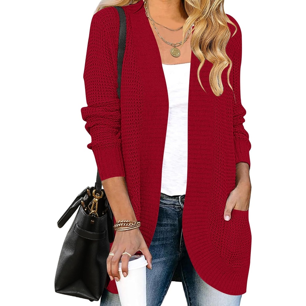 image:imageMEROKEETY Womens Long Sleeve Open Front Cardigans Chunky Knit Draped Sweaters OutwearRed