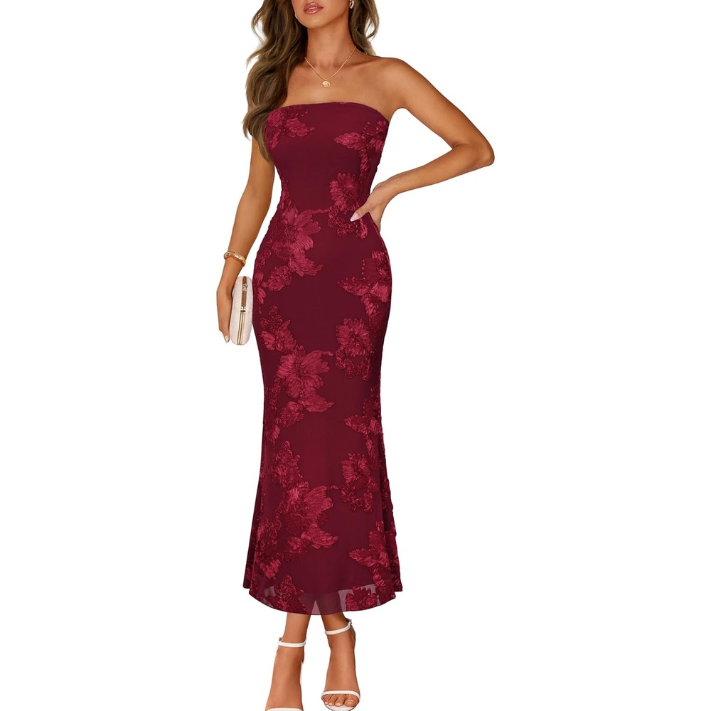 image:imageMEROKEETY Womens Summer Floral Wedding Guest Cocktail Maxi Dress  Strapless Tube Top Mesh Bodycon Lined Mermaid 2026 Summer Dress Formal Elegant Prom Baby Shower Party Long DressRed