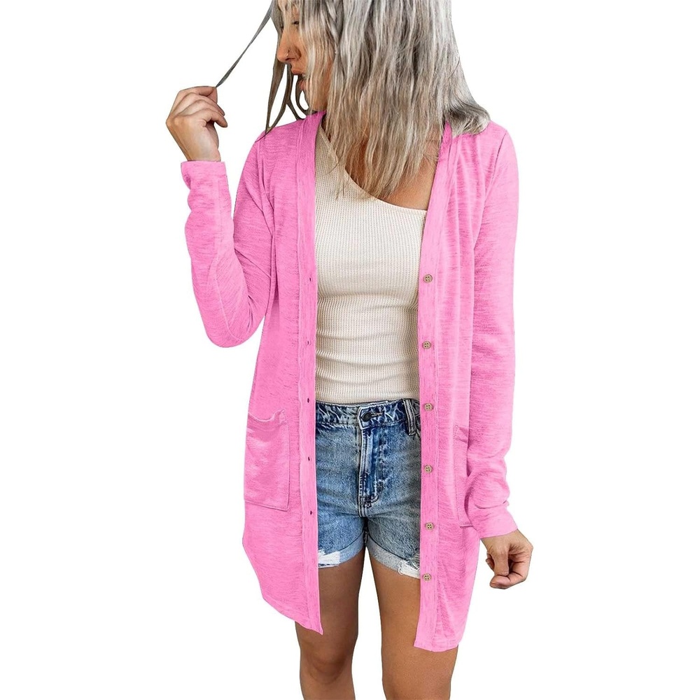 image:imageMEROKEETY Womens Summer Lightweight Long Cardigan 2026 Open Front Pockets  Long Sleeve Button Down Light Cardigan Sweaters Loose Outwear Beach Vacation Cover Up Trendy Outfits Fashion ClothesPink