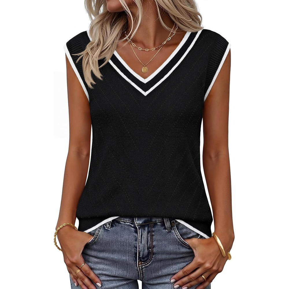 image:imageWomens Summer Sleeveless Eyelet Tank Top V Neck Lightweight Sweater Vest 2026 Knitted Business Casual Stretchable Ribbed Relaxed Breathable Dressy Blouse Shirts Layering Fall Outfit ClothesTrimblack