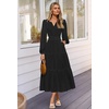 MEROKEETY Womens Fall Long Sleeve Swiss Dots Boho Maxi Dress | Puff Sleeve,V Neck, Wedding Guest Cocktail Long Dresses, Double Layers, Tiered Hem, Elegant Classy, Modern Dress,Pockets(Black)