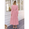 MEROKEETY Womens Fall Long Sleeve Swiss Dots Boho Maxi Dress | Puff Sleeve,V Neck, Wedding Guest Cocktail Long Dresses, Double Layers, Tiered Hem, Elegant Classy, Modern Dress,Pockets(Pink)
