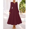 MEROKEETY Womens Fall Long Sleeve Swiss Dots Boho Maxi Dress | Puff Sleeve,V Neck, Wedding Guest Cocktail Long Dresses, Double Layers, Tiered Hem, Elegant Classy, Modern Dress,Pockets(Wine)