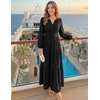 MEROKEETY Womens Fall Long Sleeve Swiss Dots Boho Maxi Dress | Puff Sleeve,V Neck, Wedding Guest Cocktail Long Dresses, Double Layers, Tiered Hem, Elegant Classy, Modern Dress,Pockets(Black)