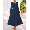 MEROKEETY Womens Fall Long Sleeve Swiss Dots Boho Maxi Dress | Puff Sleeve,V Neck, Wedding Guest Cocktail Long Dresses, Double Layers, Tiered Hem, Elegant Classy, Modern Dress,Pockets(Navy)