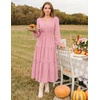 MEROKEETY Womens Fall Long Sleeve Swiss Dots Boho Maxi Dress | Puff Sleeve,V Neck, Wedding Guest Cocktail Long Dresses, Double Layers, Tiered Hem, Elegant Classy, Modern Dress,Pockets(Pink)