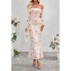 MEROKEETY Womens Fall Off Shoulder Floral Bodycon Wedding Guest Maxi Dress | 2026 Long Sleeve, Formal Cocktail, Elegant Party Dinner Long Dress, Date Night, Bridal Shower, Floral Mesh, Prom Dresses(Beige)