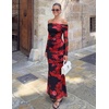MEROKEETY Womens Fall Off Shoulder Floral Bodycon Wedding Guest Maxi Dress | 2026 Long Sleeve, Formal Cocktail, Elegant Party Dinner Long Dress, Date Night, Bridal Shower, Floral Mesh, Prom Dresses(Wine)