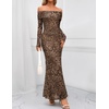 MEROKEETY Womens Fall Off Shoulder Floral Bodycon Wedding Guest Maxi Dress | 2026 Long Sleeve, Formal Cocktail, Elegant Party Dinner Long Dress, Date Night, Bridal Shower, Floral Mesh, Prom Dresses(Leopard)