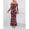 MEROKEETY Womens Fall Off Shoulder Floral Bodycon Wedding Guest Maxi Dress | 2026 Long Sleeve, Formal Cocktail, Elegant Party Dinner Long Dress, Date Night, Bridal Shower, Floral Mesh, Prom Dresses(Coffee)