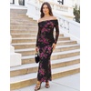 MEROKEETY Womens Fall Off Shoulder Floral Bodycon Wedding Guest Maxi Dress | 2026 Long Sleeve, Formal Cocktail, Elegant Party Dinner Long Dress, Date Night, Bridal Shower, Floral Mesh, Prom Dresses(Black)