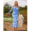 MEROKEETY Womens Fall Off Shoulder Floral Bodycon Wedding Guest Maxi Dress | 2026 Long Sleeve, Formal Cocktail, Elegant Party Dinner Long Dress, Date Night, Bridal Shower, Floral Mesh, Prom Dresses(Blue)