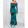 MEROKEETY Womens Fall Off Shoulder Floral Bodycon Wedding Guest Maxi Dress | 2026 Long Sleeve, Formal Cocktail, Elegant Party Dinner Long Dress, Date Night, Bridal Shower, Floral Mesh, Prom Dresses(Green)