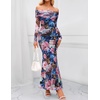 MEROKEETY Womens Fall Off Shoulder Floral Bodycon Wedding Guest Maxi Dress | 2026 Long Sleeve, Formal Cocktail, Elegant Party Dinner Long Dress, Date Night, Bridal Shower, Floral Mesh, Prom Dresses(Dark Blue)