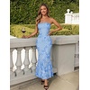 MEROKEETY Women’s Summer Floral Wedding Guest Cocktail Maxi Dress | Strapless, Tube Top, Mesh, Bodycon, Lined, Mermaid, 2026 Summer Dress, Formal Elegant, Prom, Baby Shower, Party Long Dress(Blue)