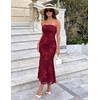 MEROKEETY Women’s Summer Floral Wedding Guest Cocktail Maxi Dress | Strapless, Tube Top, Mesh, Bodycon, Lined, Mermaid, 2026 Summer Dress, Formal Elegant, Prom, Baby Shower, Party Long Dress(Red)