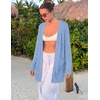 MEROKEETY Womens Summer Lightweight Long Cardigan 2026 Open Front Pockets | Long Sleeve, Button Down, Light Cardigan Sweaters, Loose Outwear, Beach Vacation Cover Up, Trendy Outfits, Fashion Clothes(Blue)