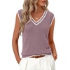 Womens Summer Sleeveless Eyelet Tank Top V Neck Lightweight Sweater Vest | 2026, Knitted, Business Casual, Stretchable, Ribbed, Relaxed, Breathable, Dressy Blouse Shirts, Layering, Fall Outfit Clothes(Trimpurple)