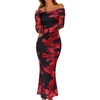 MEROKEETY Womens Fall Off Shoulder Floral Bodycon Wedding Guest Maxi Dress | 2026 Long Sleeve, Formal Cocktail, Elegant Party Dinner Long Dress, Date Night, Bridal Shower, Floral Mesh, Prom Dresses(Wine)