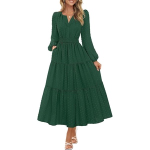 MEROKEETY Womens Fall Long Sleeve Swiss Dots Boho Maxi Dress | Puff Sleeve,V Neck, Wedding Guest Cocktail Long Dresses, Double Layers, Tiered Hem, Elegant Classy, Modern Dress,Pockets(Dark Green)