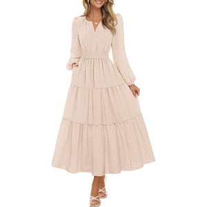 MEROKEETY Womens Fall Long Sleeve Swiss Dots Boho Maxi Dress | Puff Sleeve,V Neck, Wedding Guest Cocktail Long Dresses, Double Layers, Tiered Hem, Elegant Classy, Modern Dress,Pockets(Apricot)