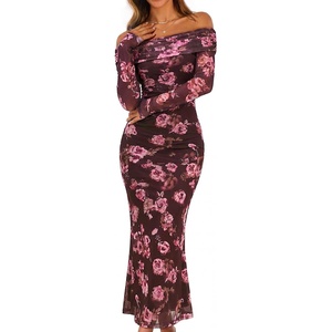 MEROKEETY Womens Fall Off Shoulder Floral Bodycon Wedding Guest Maxi Dress | 2026 Long Sleeve, Formal Cocktail, Elegant Party Dinner Long Dress, Date Night, Bridal Shower, Floral Mesh, Prom Dresses(Coffee)