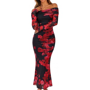 MEROKEETY Womens Fall Off Shoulder Floral Bodycon Wedding Guest Maxi Dress | 2026 Long Sleeve, Formal Cocktail, Elegant Party Dinner Long Dress, Date Night, Bridal Shower, Floral Mesh, Prom Dresses(Wine)