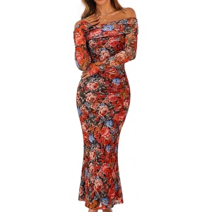 MEROKEETY Womens Fall Off Shoulder Floral Bodycon Wedding Guest Maxi Dress | 2026 Long Sleeve, Formal Cocktail, Elegant Party Dinner Long Dress, Date Night, Bridal Shower, Floral Mesh, Prom Dresses(Multicolored)