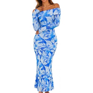 MEROKEETY Womens Fall Off Shoulder Floral Bodycon Wedding Guest Maxi Dress | 2026 Long Sleeve, Formal Cocktail, Elegant Party Dinner Long Dress, Date Night, Bridal Shower, Floral Mesh, Prom Dresses(Blue)