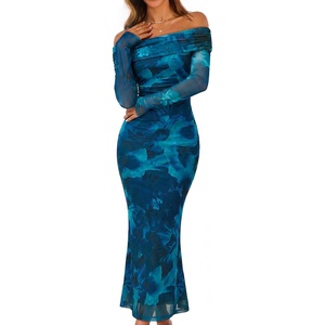 MEROKEETY Womens Fall Off Shoulder Floral Bodycon Wedding Guest Maxi Dress | 2026 Long Sleeve, Formal Cocktail, Elegant Party Dinner Long Dress, Date Night, Bridal Shower, Floral Mesh, Prom Dresses(Teal)