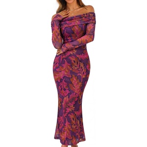 MEROKEETY Womens Fall Off Shoulder Floral Bodycon Wedding Guest Maxi Dress | 2026 Long Sleeve, Formal Cocktail, Elegant Party Dinner Long Dress, Date Night, Bridal Shower, Floral Mesh, Prom Dresses(Purple)