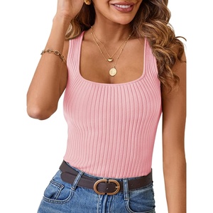 MEROKEETY Womens Summer Casual Ribbed Knit Square Neck Basic Tank Tops 2026 | Fitted, Sleeveless Sweater Top, Trendy Shirt, Versatile Clothes, Stretchable, Soft, Simple Outfit, Classy, Layering Blouse(Pink)