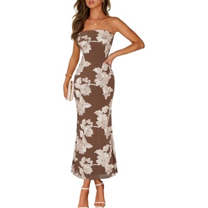 MEROKEETY Women’s Summer Floral Wedding Guest Cocktail Maxi Dress | Strapless, Tube Top, Mesh, Bodycon, Lined, Mermaid, 2026 Summer Dress, Formal Elegant, Prom, Baby Shower, Party Long Dress(Brown)