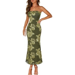 MEROKEETY Women’s Summer Floral Wedding Guest Cocktail Maxi Dress | Strapless, Tube Top, Mesh, Bodycon, Lined, Mermaid, 2026 Summer Dress, Formal Elegant, Prom, Baby Shower, Party Long Dress(Armygreen)