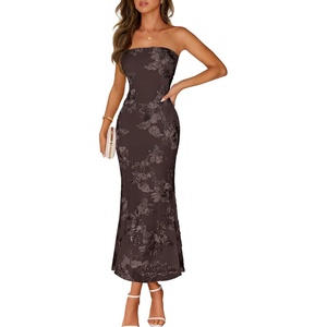 MEROKEETY Women’s Summer Floral Wedding Guest Cocktail Maxi Dress | Strapless, Tube Top, Mesh, Bodycon, Lined, Mermaid, 2026 Summer Dress, Formal Elegant, Prom, Baby Shower, Party Long Dress(Coffee)
