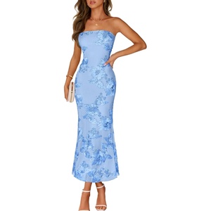 MEROKEETY Women’s Summer Floral Wedding Guest Cocktail Maxi Dress | Strapless, Tube Top, Mesh, Bodycon, Lined, Mermaid, 2026 Summer Dress, Formal Elegant, Prom, Baby Shower, Party Long Dress(Blue)