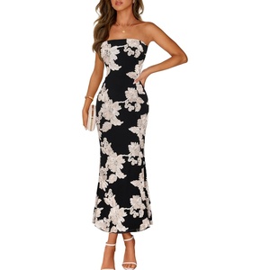 MEROKEETY Women’s Summer Floral Wedding Guest Cocktail Maxi Dress | Strapless, Tube Top, Mesh, Bodycon, Lined, Mermaid, 2026 Summer Dress, Formal Elegant, Prom, Baby Shower, Party Long Dress(Blackwhite)