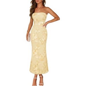 MEROKEETY Women’s Summer Floral Wedding Guest Cocktail Maxi Dress | Strapless, Tube Top, Mesh, Bodycon, Lined, Mermaid, 2026 Summer Dress, Formal Elegant, Prom, Baby Shower, Party Long Dress(Yellow)