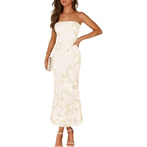 MEROKEETY Women’s Summer Floral Wedding Guest Cocktail Maxi Dress | Strapless, Tube Top, Mesh, Bodycon, Lined, Mermaid, 2026 Summer Dress, Formal Elegant, Prom, Baby Shower, Party Long Dress(Apricot)