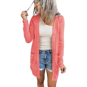 MEROKEETY Womens Summer Lightweight Long Cardigan 2026 Open Front Pockets | Long Sleeve, Button Down, Light Cardigan Sweaters, Loose Outwear, Beach Vacation Cover Up, Trendy Outfits, Fashion Clothes(Coralred)