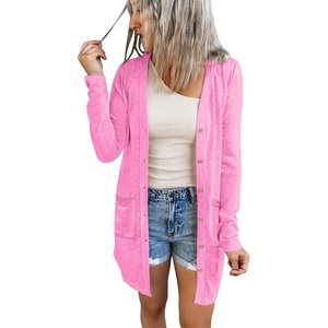 MEROKEETY Womens Summer Lightweight Long Cardigan 2026 Open Front Pockets | Long Sleeve, Button Down, Light Cardigan Sweaters, Loose Outwear, Beach Vacation Cover Up, Trendy Outfits, Fashion Clothes(Pink)