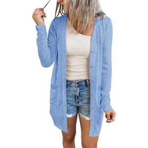 MEROKEETY Womens Summer Lightweight Long Cardigan 2026 Open Front Pockets | Long Sleeve, Button Down, Light Cardigan Sweaters, Loose Outwear, Beach Vacation Cover Up, Trendy Outfits, Fashion Clothes(Blue)