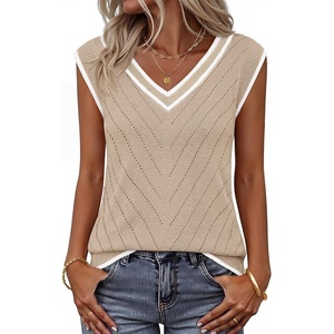 Womens Summer Sleeveless Eyelet Tank Top V Neck Lightweight Sweater Vest | 2026, Knitted, Business Casual, Stretchable, Ribbed, Relaxed, Breathable, Dressy Blouse Shirts, Layering, Fall Outfit Clothes(Trimapricot)