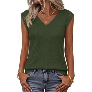 Womens Summer Sleeveless Eyelet Tank Top V Neck Lightweight Sweater Vest | 2026, Knitted, Business Casual, Stretchable, Ribbed, Relaxed, Breathable, Dressy Blouse Shirts, Layering, Fall Outfit Clothes(Army Green)