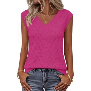 Womens Summer Sleeveless Eyelet Tank Top V Neck Lightweight Sweater Vest | 2026, Knitted, Business Casual, Stretchable, Ribbed, Relaxed, Breathable, Dressy Blouse Shirts, Layering, Fall Outfit Clothes(Hotpink)